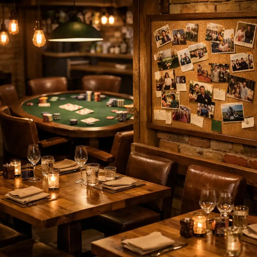 Interiér restaurace Gurmánská Kuchyň s pokerovým stolem v pozadí