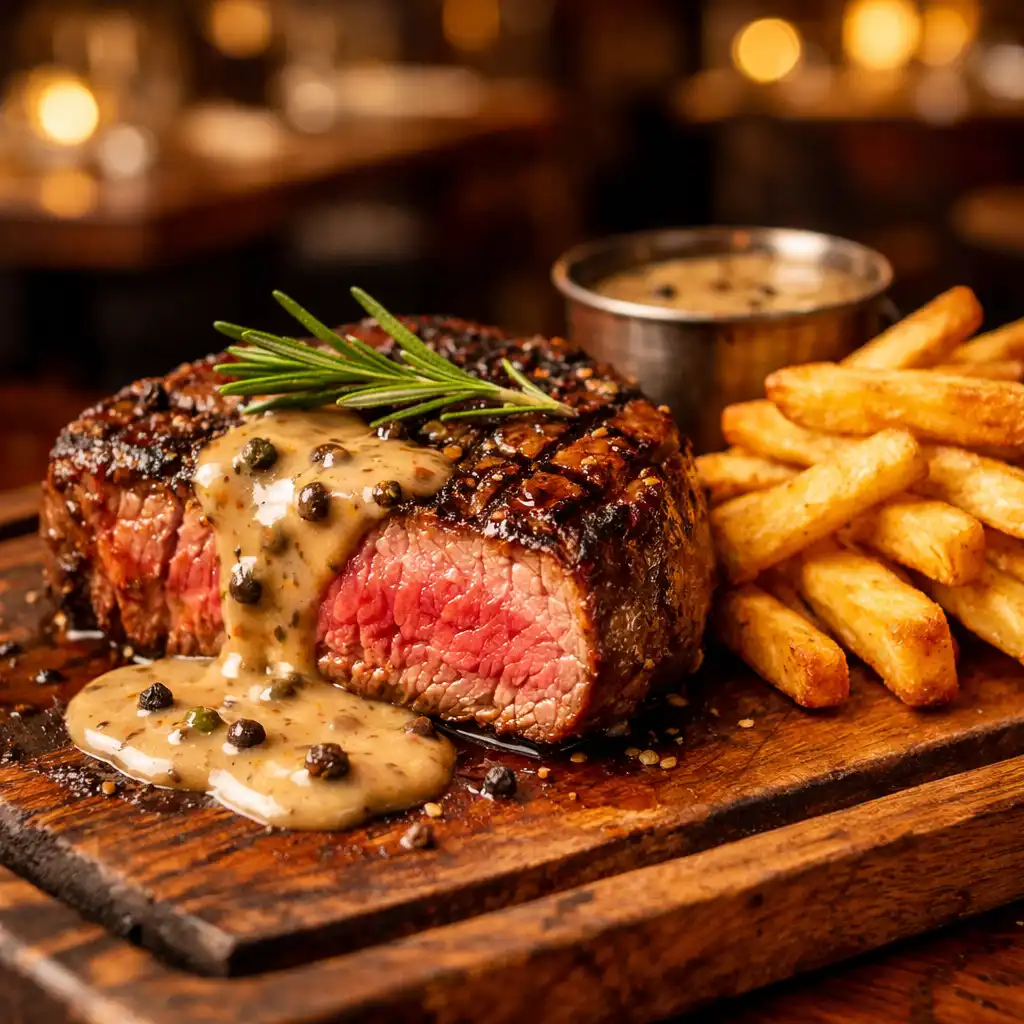 Hovězí steak s pepřovou omáčkou a hranolky