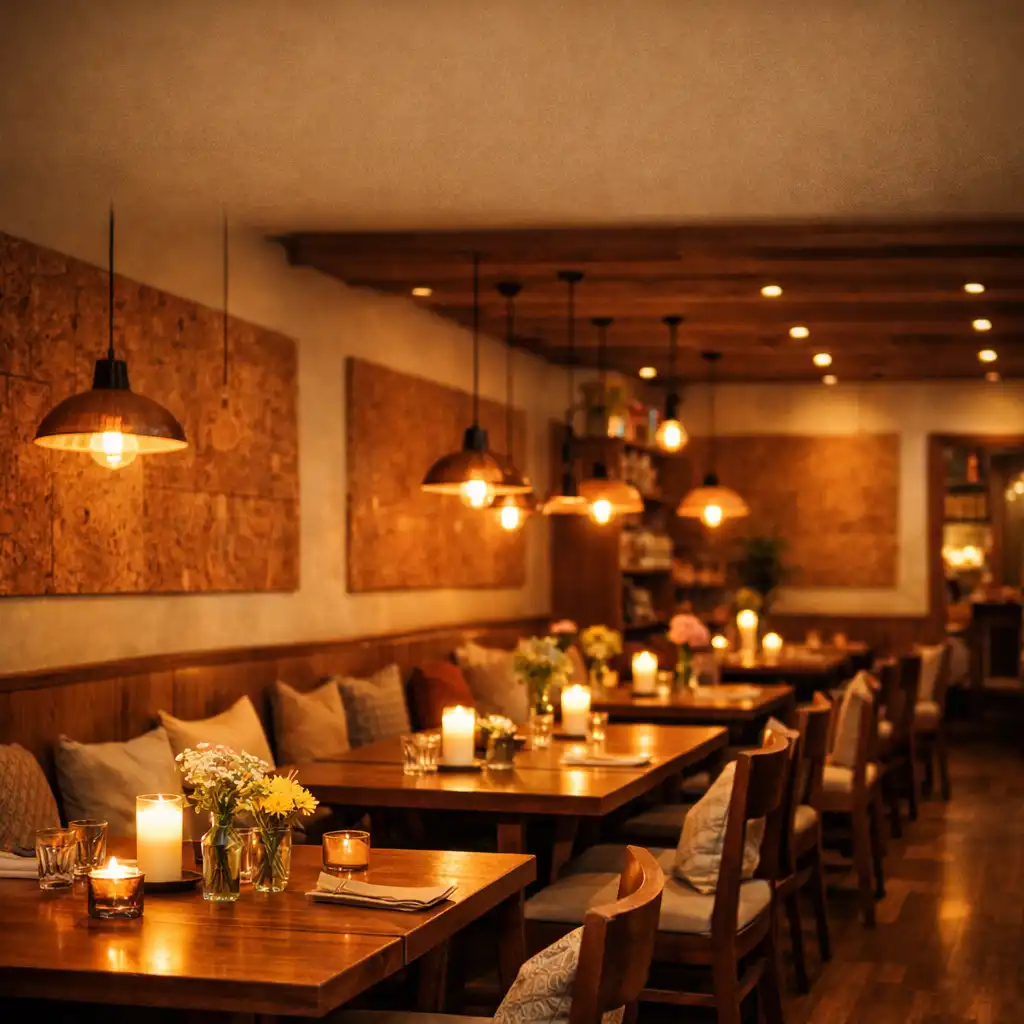 Hlavní sál restaurace Gurmánská Kuchyň s teplým osvětlením a dřevěnými stoly