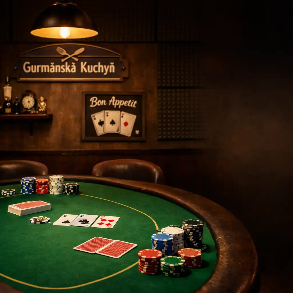 Pokerový stůl s kartami a žetony v Poker Room
