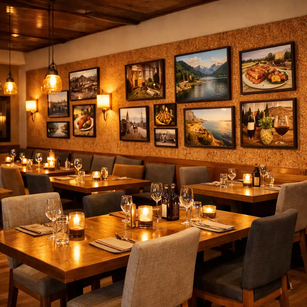Hlavní jídelna restaurace s dřevěnými stoly a korkovými panely