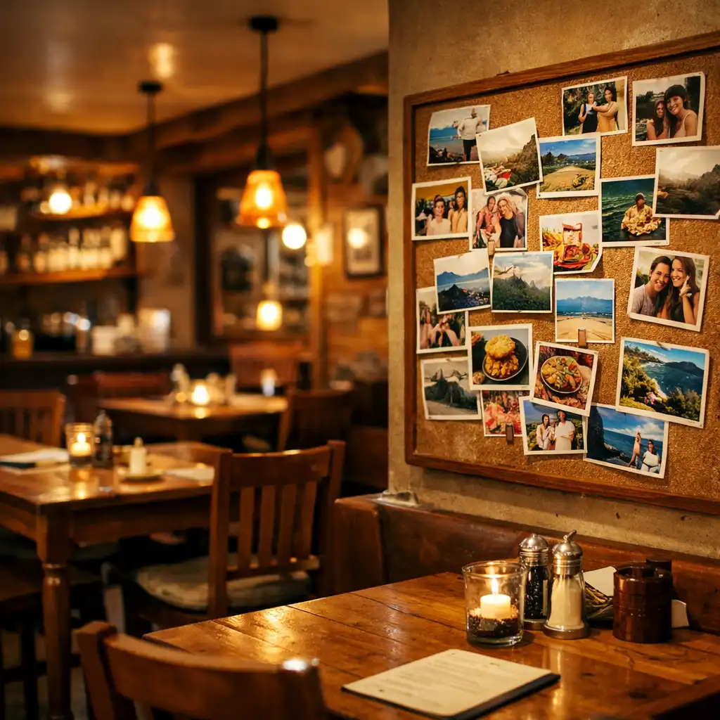 Interiér restaurace s dřevěnými stoly a teplým osvětlením