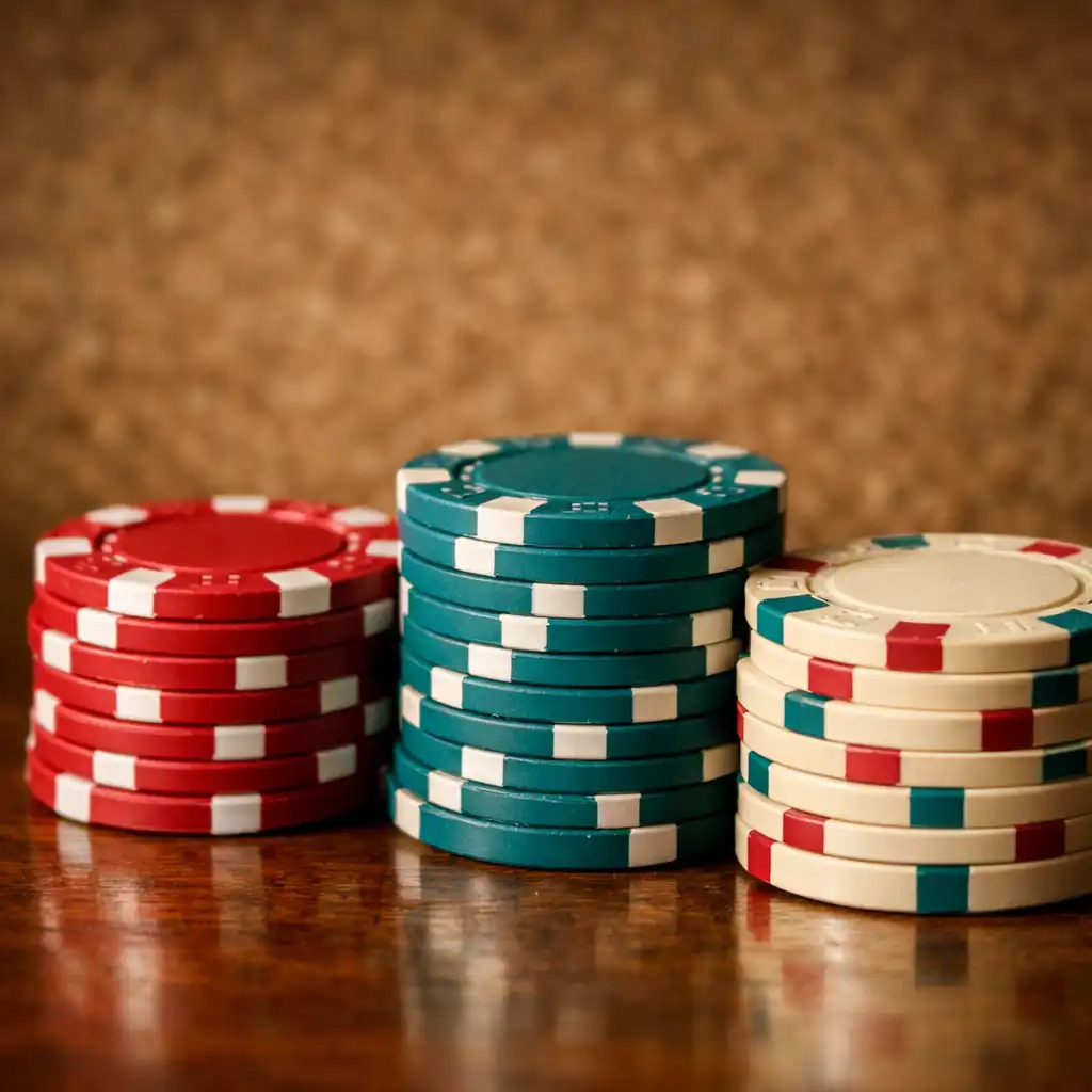 Hromádka pokerových žetonů v barvách třešňové, teal a krémové na dřevěném stole