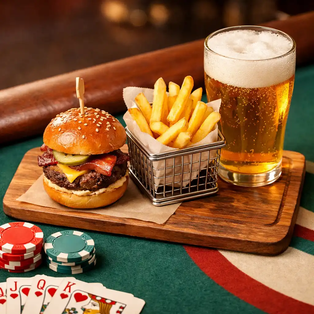 Mini burger s hranolky a sklenicí piva na dřevěném prkénku u pokerového stolu