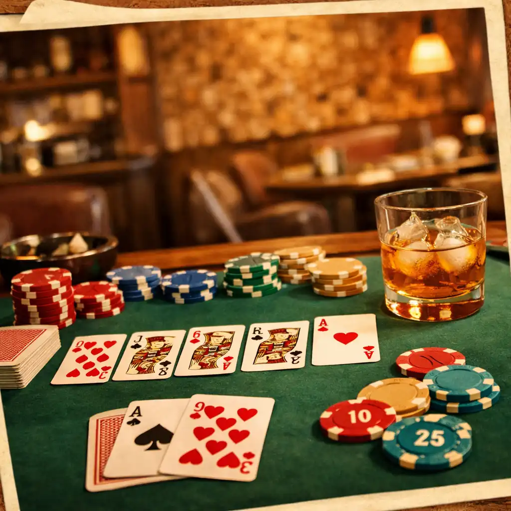 Detail pokerového stolu s kartami a žetony v útulné restauraci Gurmánská Kuchyň