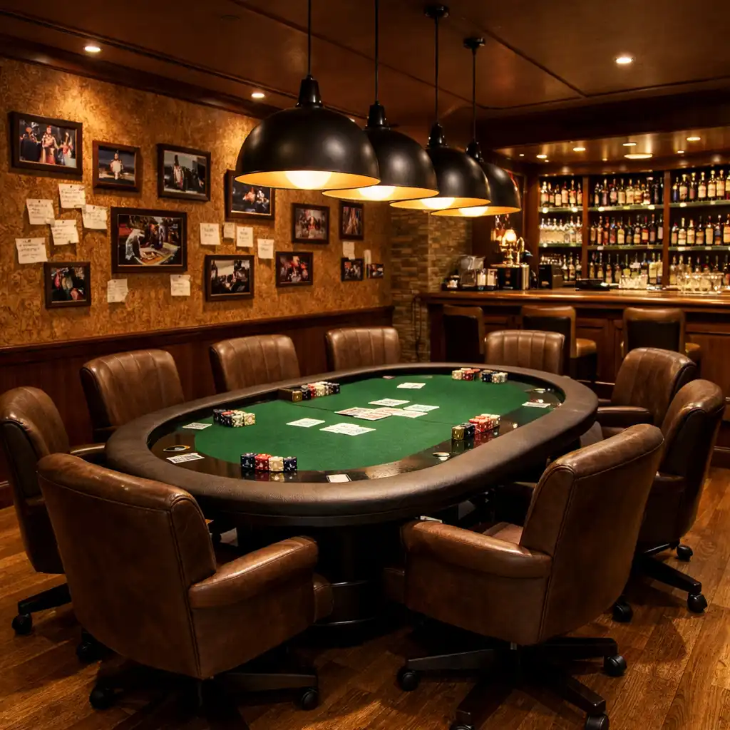 Poker room v restauraci Gurmánská Kuchyň s oválným stolem, korkovými panely a teplým osvětlením