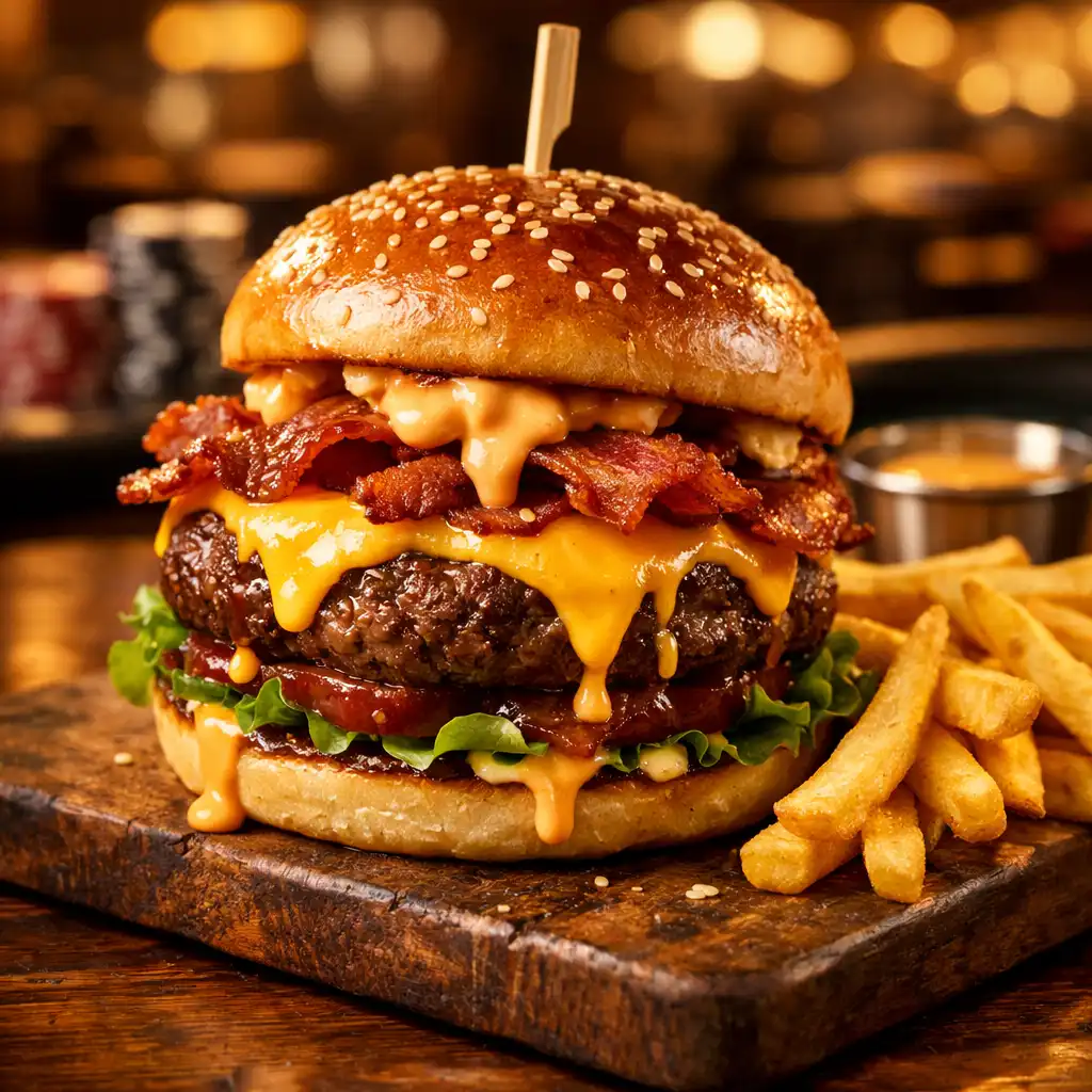 Pokerový burger s hovězím masem, čedarem, slaninou a speciální omáčkou