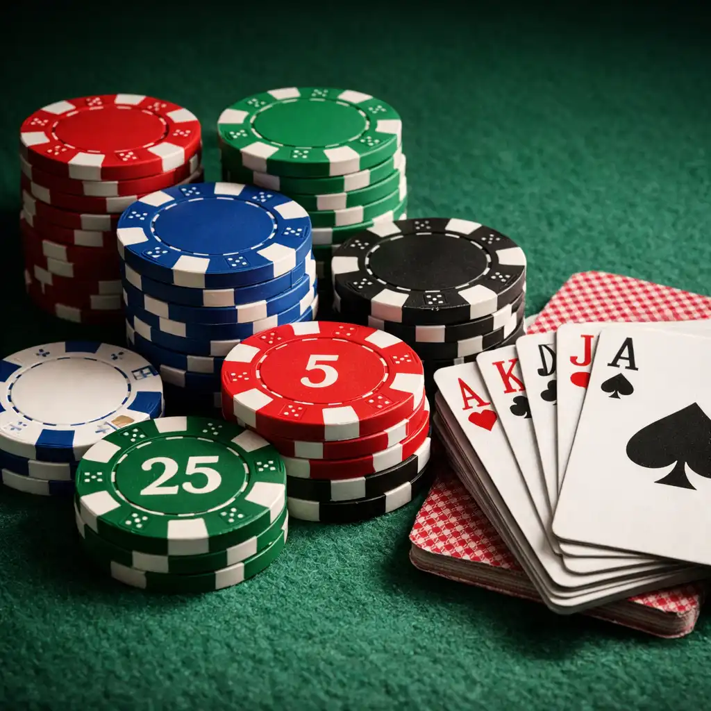 Hromádka pokerových žetonů a balíček karet na zeleném plátně stolu