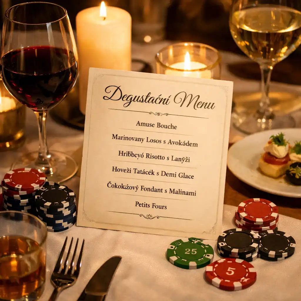 Prostřený stůl s degustačním menu a pokerovými žetony