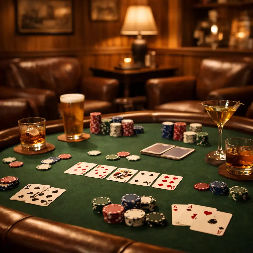Pokerový stůl s kartami, žetony a nápoji v útulném salonku restaurace Gurmánská Kuchyň