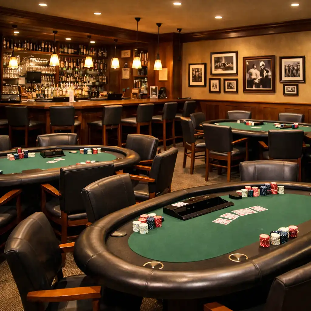 Interiér Poker Room v Gurmánské Kuchyni s dřevěným pokerovým stolem, kartami a žetony