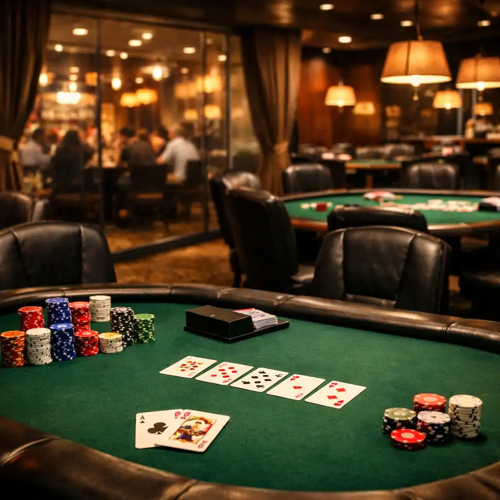 Poker room s profesionálními stoly, žetony a kartami