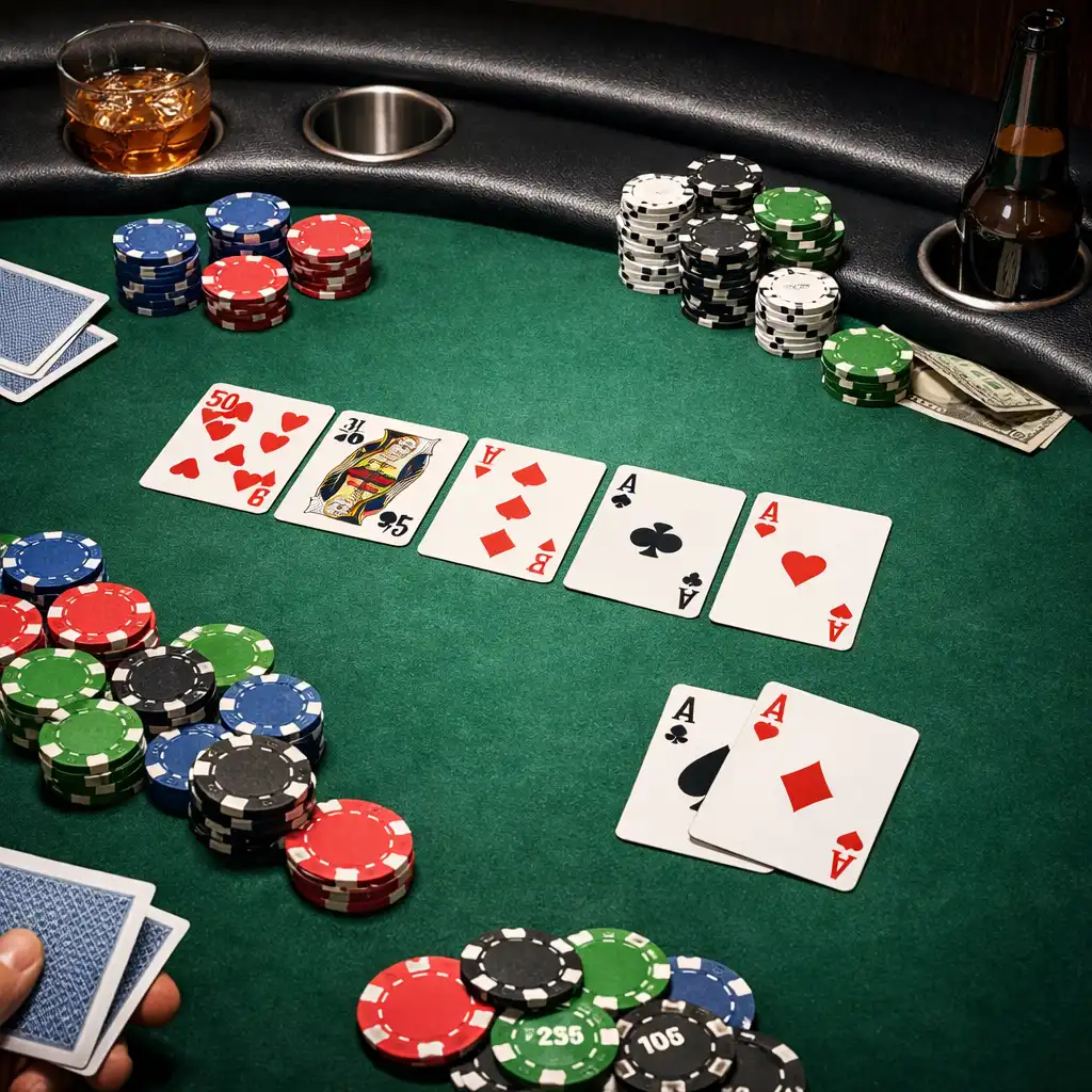 Detail pokerového stolu s plátnem, držáky na nápoje, kartami a žetony