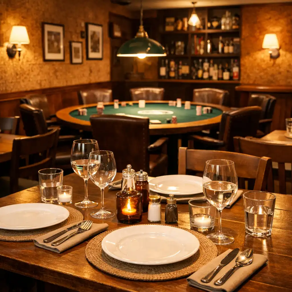 Interiér restaurace Gurmánská Kuchyň s pokerovým stolem v pozadí