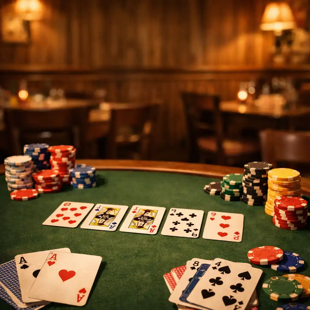 Pokerový stůl s kartami a žetony v teplém světle restaurace Gurmánská Kuchyň